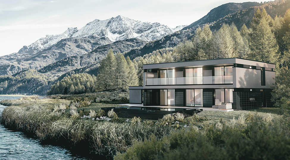 Floating House von Griffner und Studio F.A. Porsche in einer Totalen am Ufer eines Sees, umgeben von Bergkulisse und Wald. 